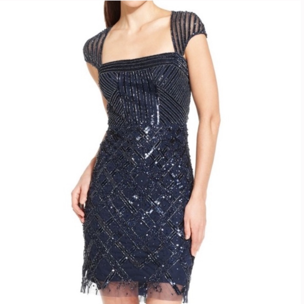 Adrianna Papell beaded cap sleeves dress size 8P color Navy